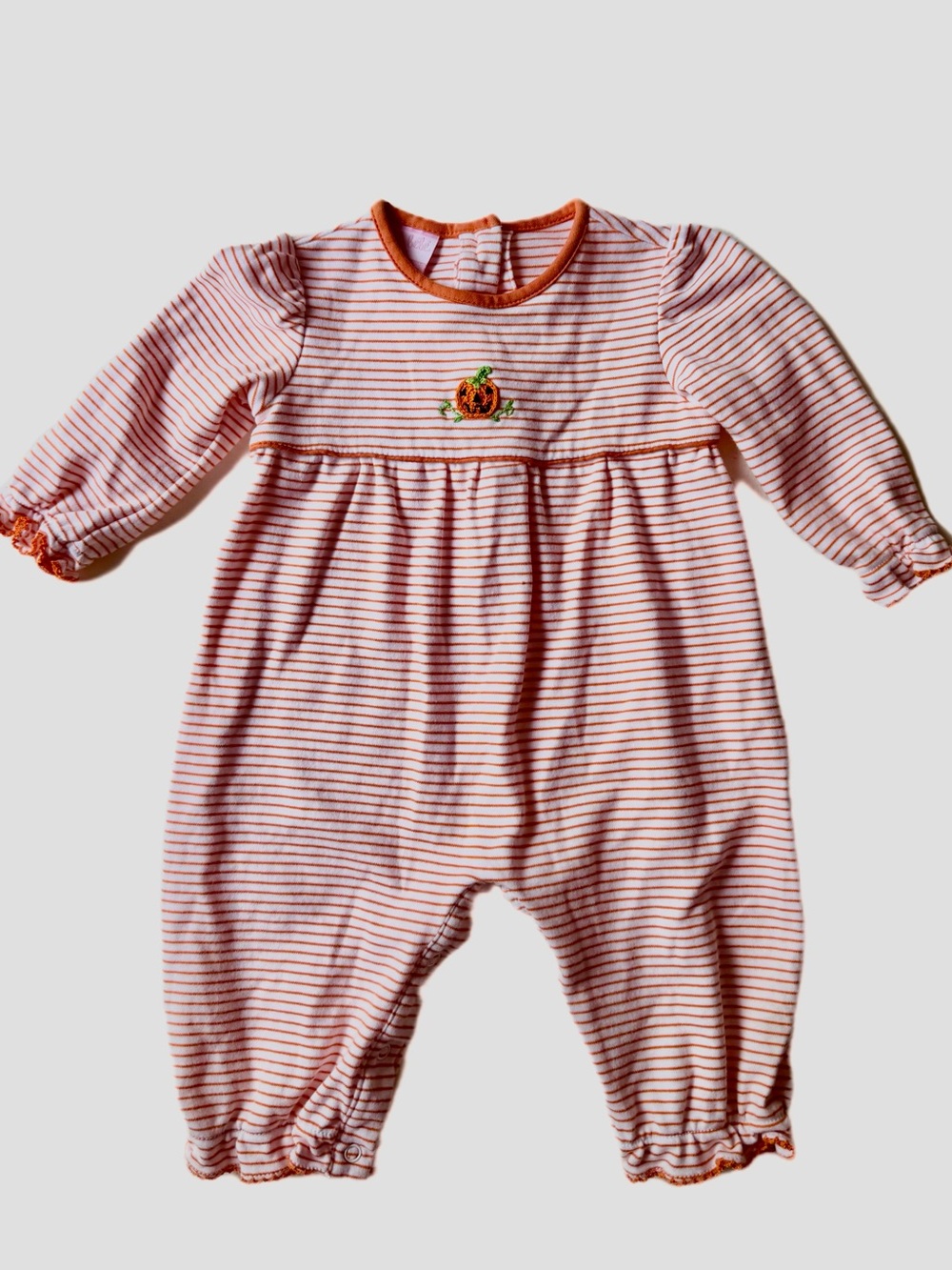 Petit Bebe Pumpkin Stripe Long Sleeve Ruffle Romper Size 12M